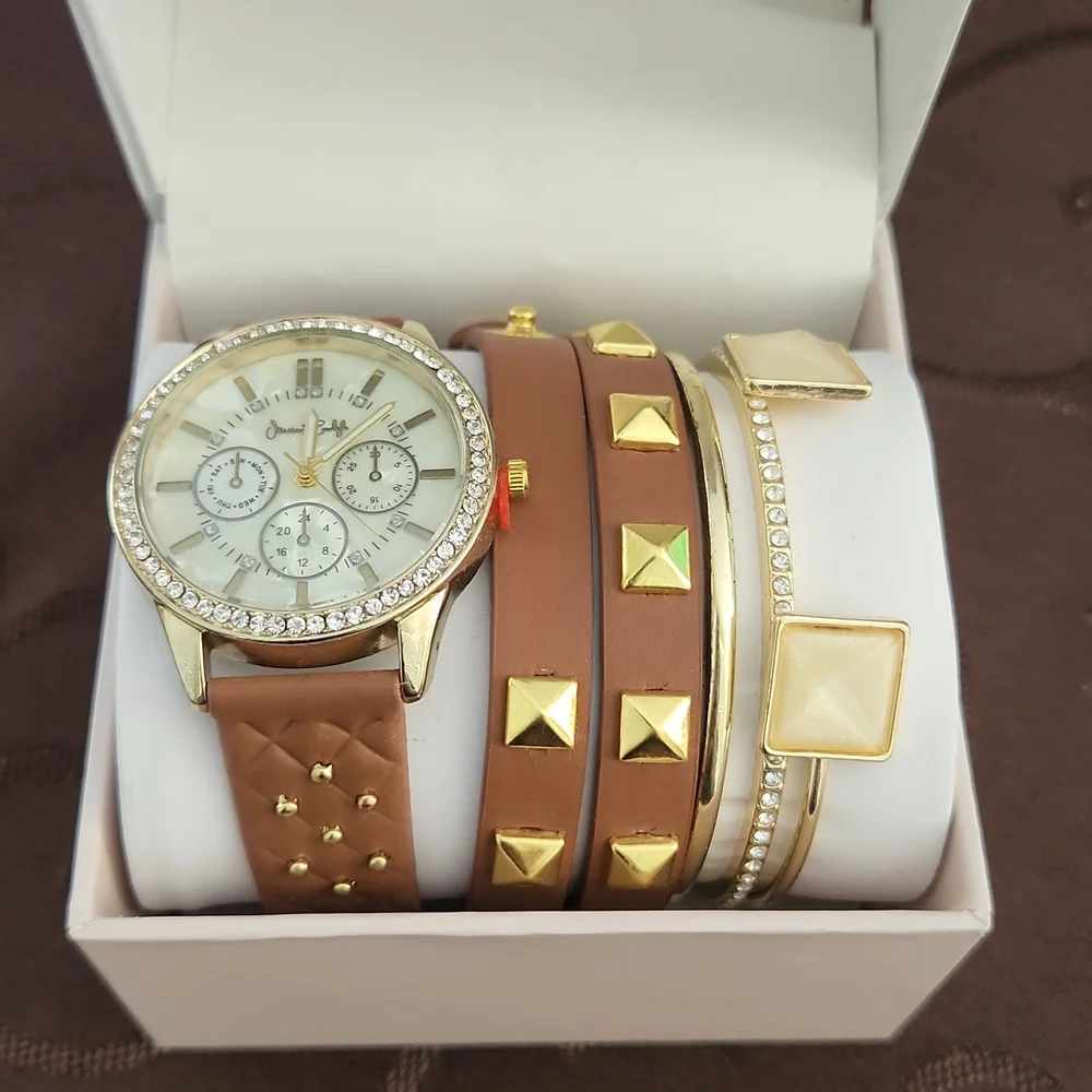 Jessica Carlyle 6 Piece Set - Brown Leather / Gold Accent Watch